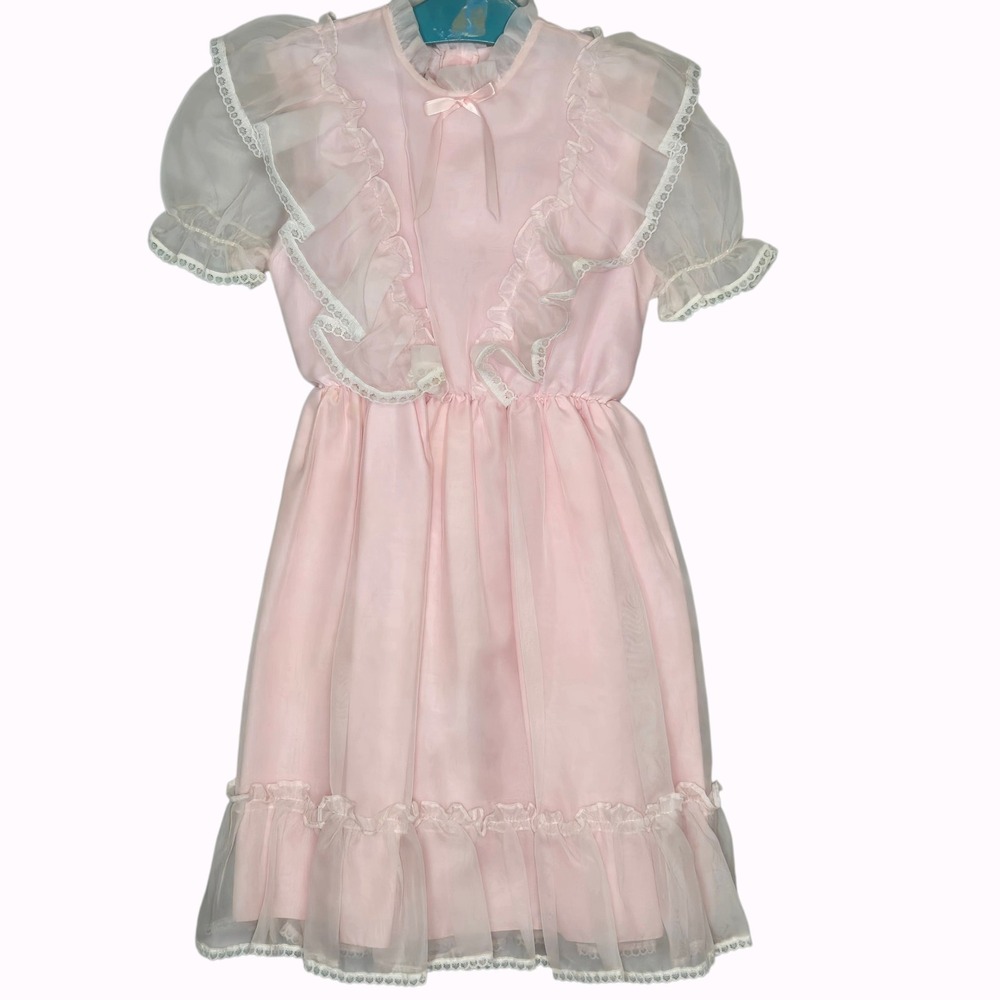 Vtg 70s‎ Pink Organza Ruffle Dress Sheer Puff Sleeve Coquette Tiered Lace Sz 7